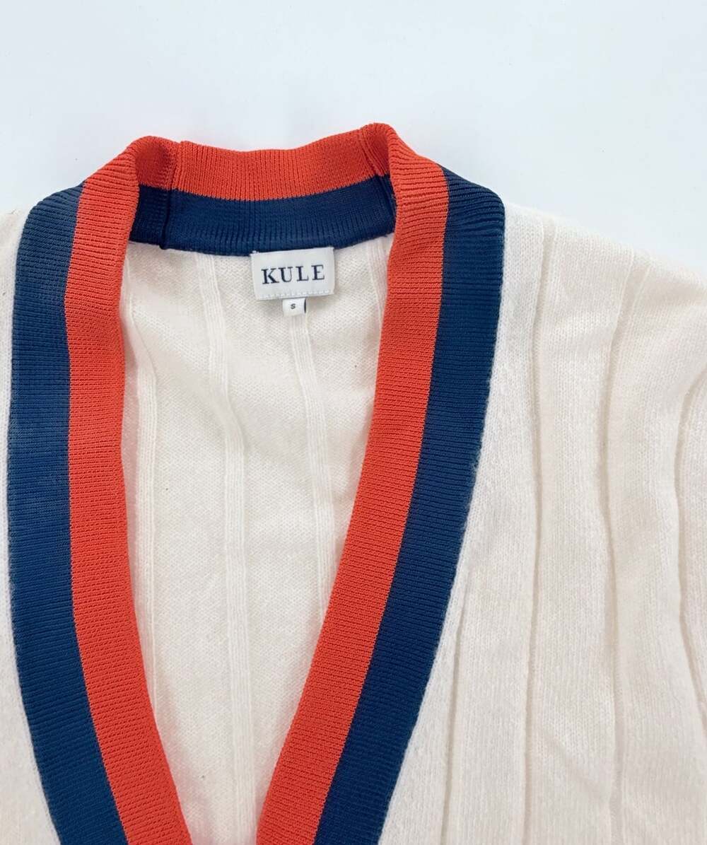 KULE 100% Cashmere Cream Cardigan S Navy Orange Stripe Preppy Quiet Luxury